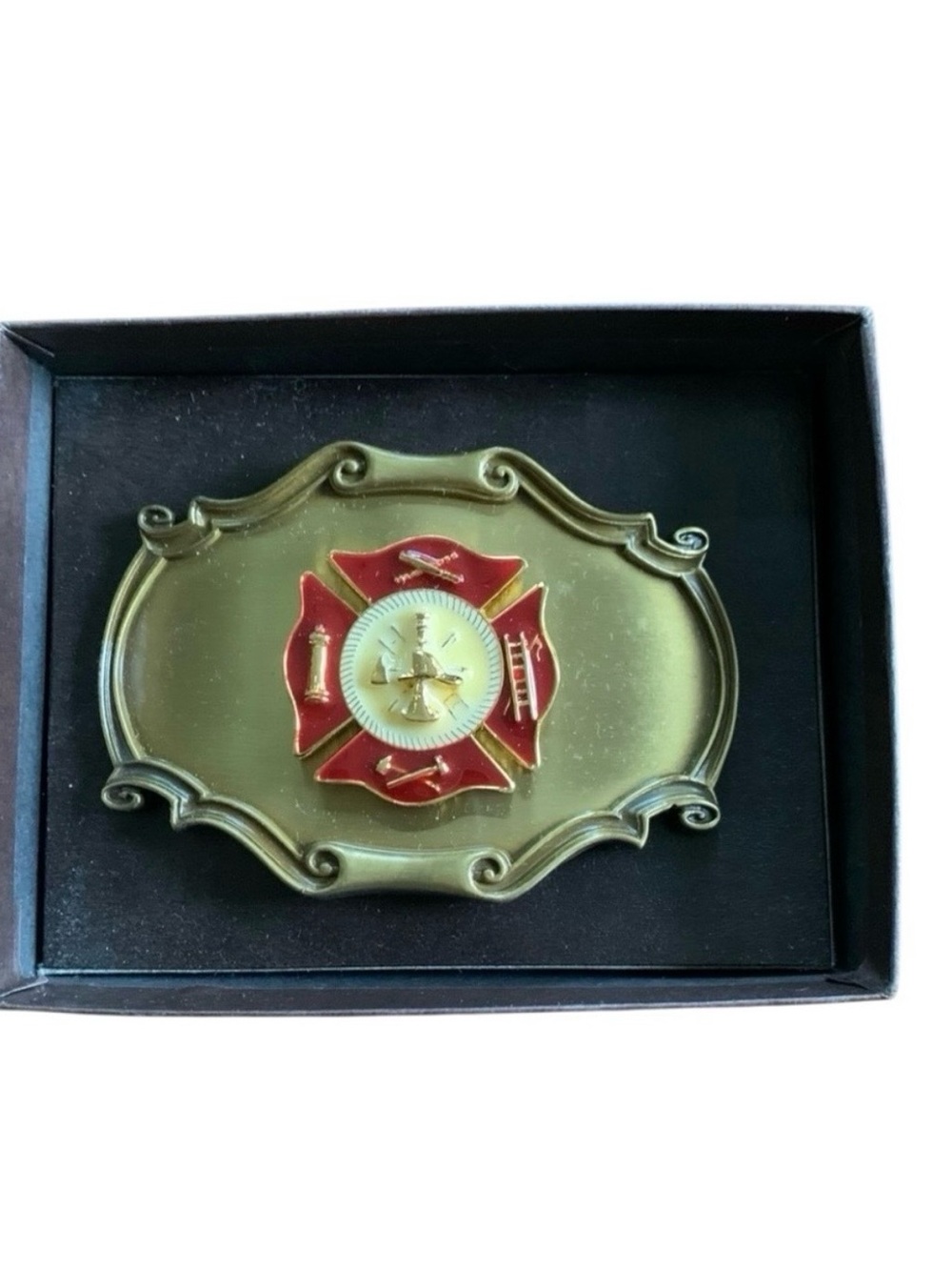 Vintage 70s Fire Department Brass Belt Buckle Raintree Made in USA Firefighter